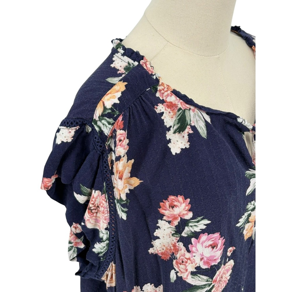 Buffalo David Bitton Blouse Navy Floral Flutter Sleeve Boho Top XXL - Picture 4 of 6